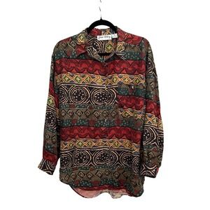 Vintage Jane Ashley Silk Button Down Shirt Abstract Print Long Sleeve Women's M